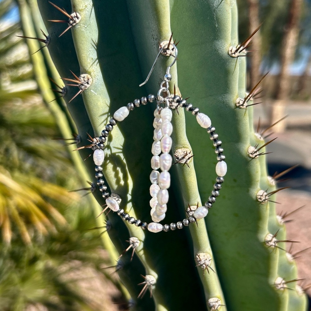 SOLD Navajo Pearls with Freshwater Pearl Sterling Silver Double Hoop Earring